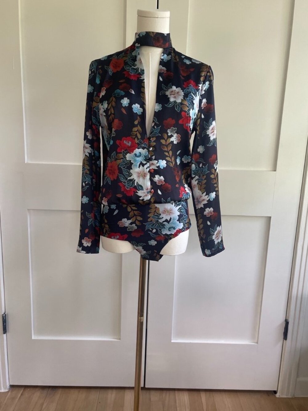 Zara Floral Choker Plunge Keyhole Long Sleeve Bodysuit Size S